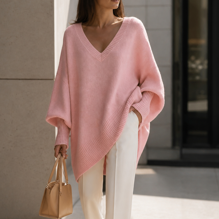 Damen Oversized Pullover V-Ausschnitt Puffärmel