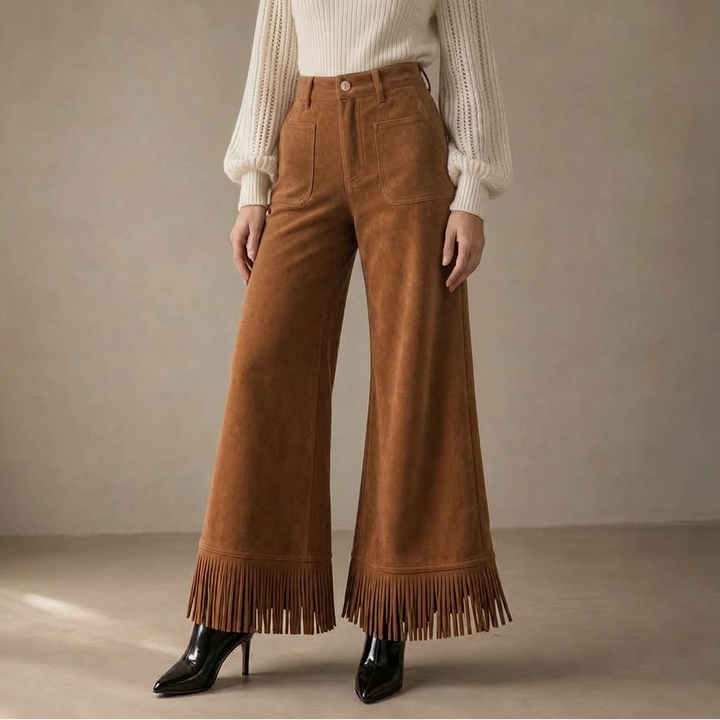 Damen Weite Hose Wildleder Look Mit Fransen