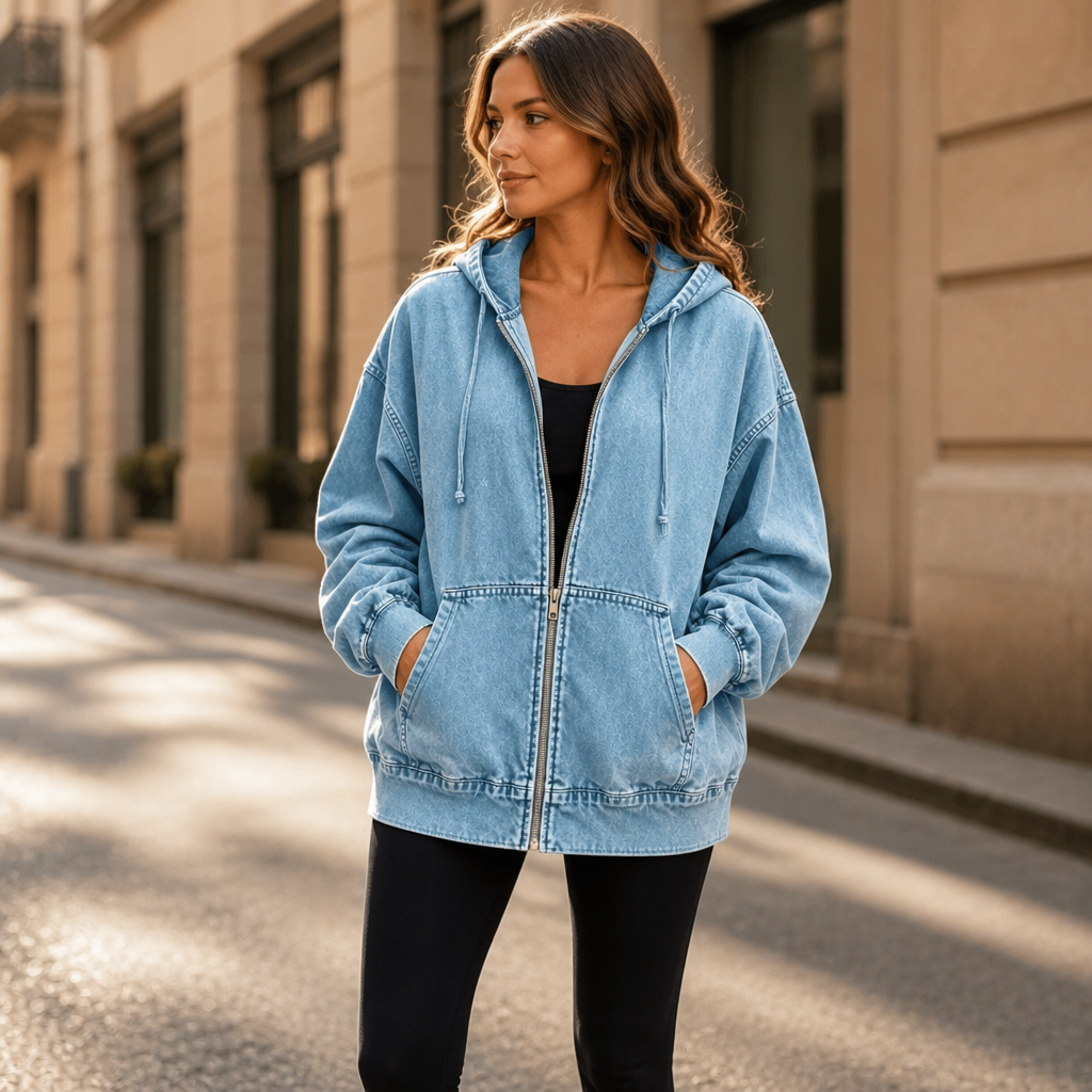 Damen Jeansjacke mit Kapuze und Reißverschluss, Oversized