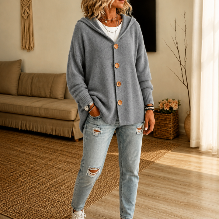 Damen Waffelstrick Cardigan Mit Kapuze Und Knopfleiste