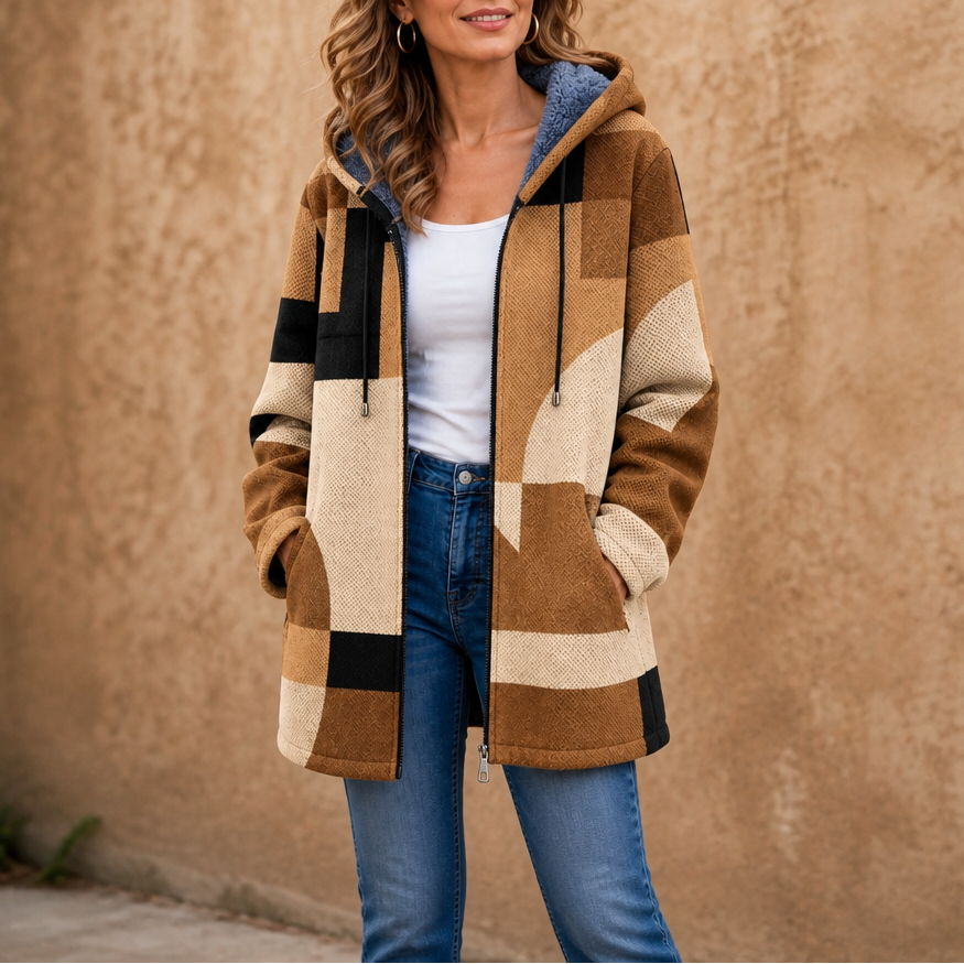 Patchwork Poise | Damen Kapuzenjacke mit geometrischem Colorblock