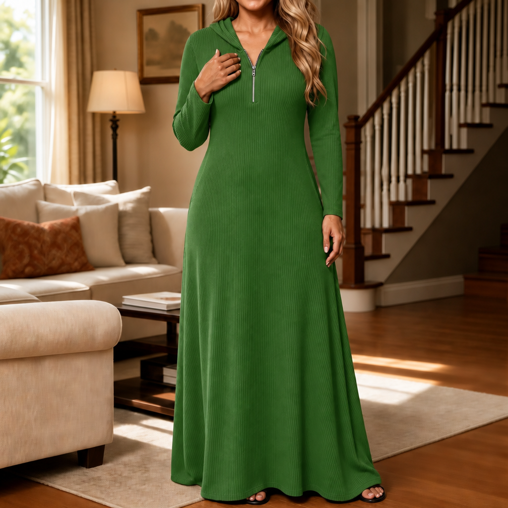 Damen Rippstrick Maxikleid Mit Kapuze