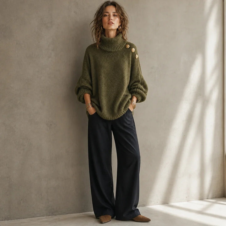 Strickpullover mit Rollkragen und Zierknöpfen an der Schulter