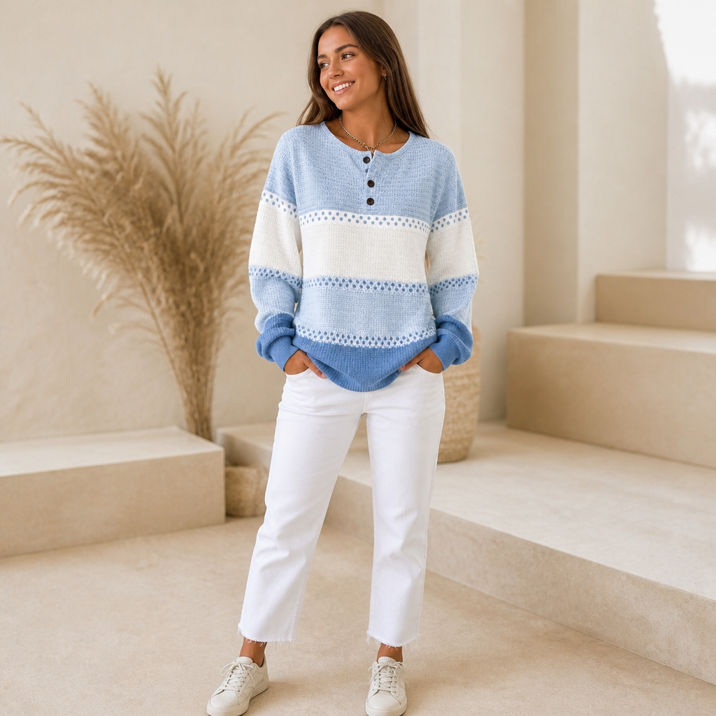 Damen Waffelstrick Henley Pullover Color Block