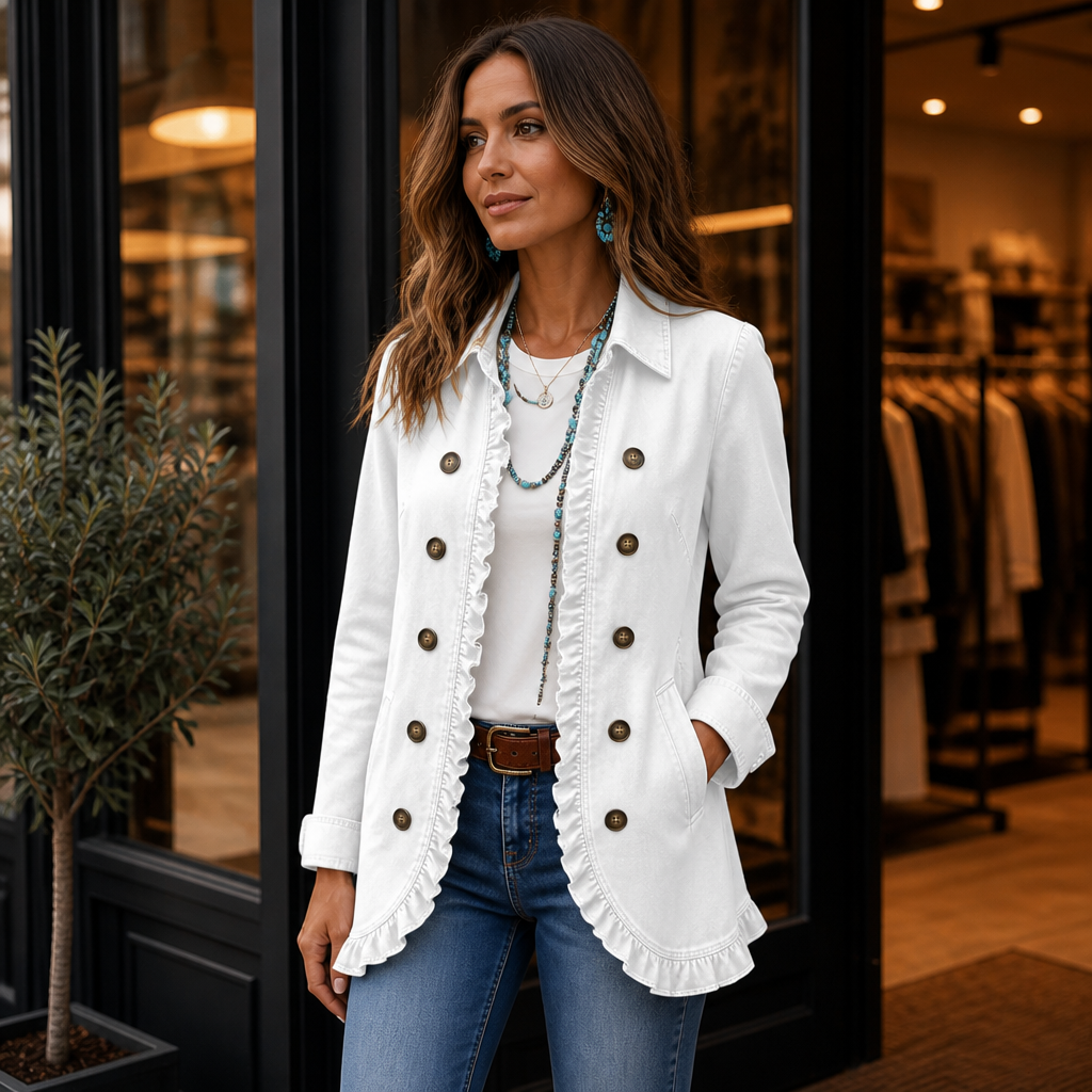 Damen Jeansjacke Mit Rüschen Und Knopfleiste