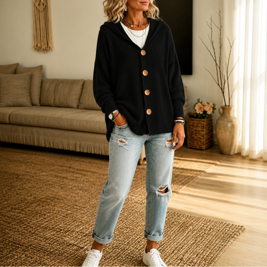 Damen Waffelstrick Cardigan Mit Kapuze Und Knopfleiste