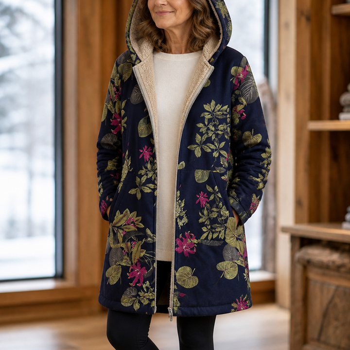 Damen Winterjacke Mit Blattmuster Und Kapuze