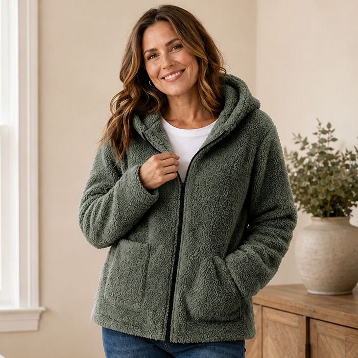Damen Plüschfleece Jacke Mit Kapuze