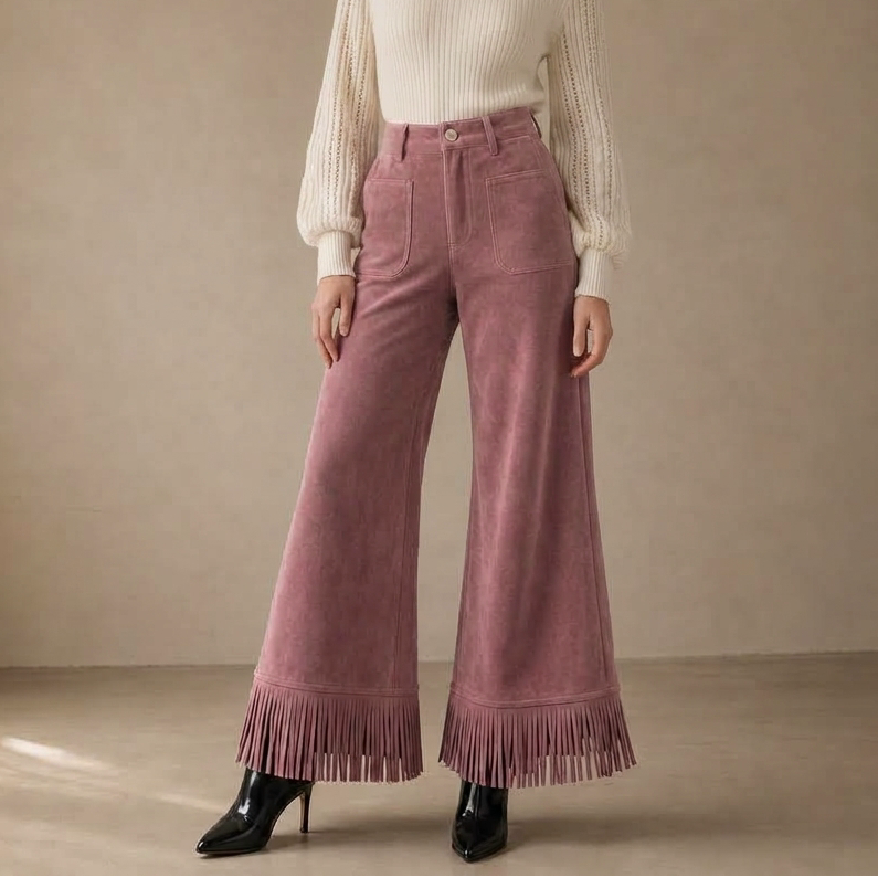 Damen Weite Hose Wildleder Look Mit Fransen