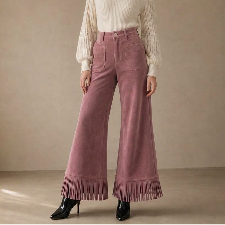 Damen Weite Hose Wildleder Look Mit Fransen