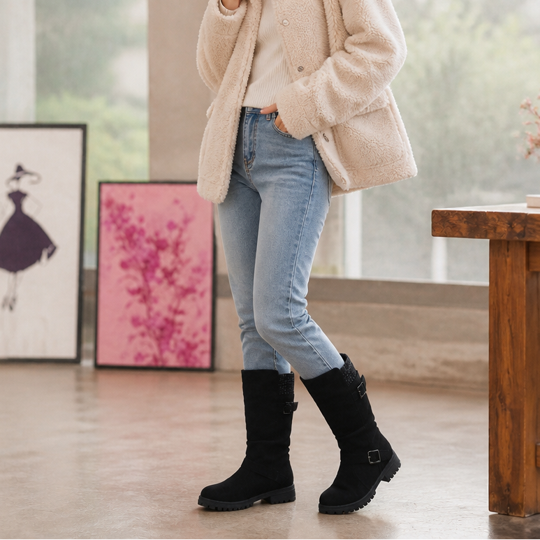 Damen Slouch Stiefel Mit Grober Sohle Und Gerippter Manschette