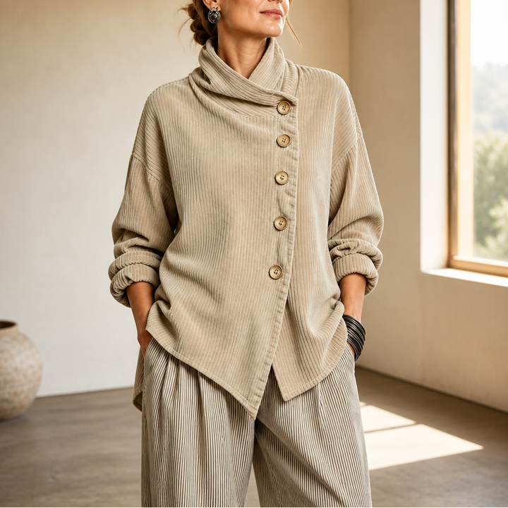 Damen Cord Oberteil Asymmetrische Knopfleiste Mit Stehkragen