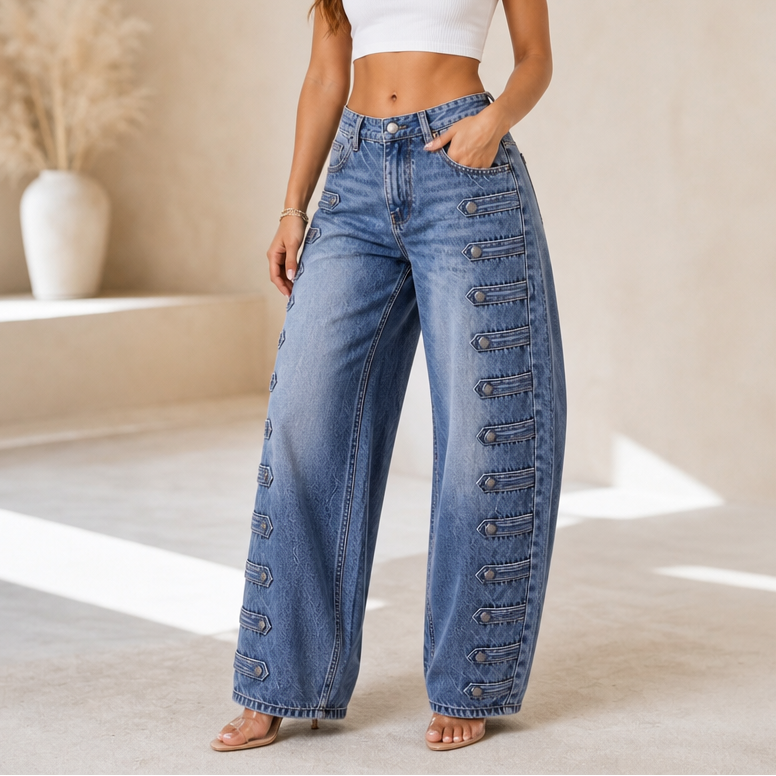 Damen Weite Jeans Mit Seitlicher Schnalle