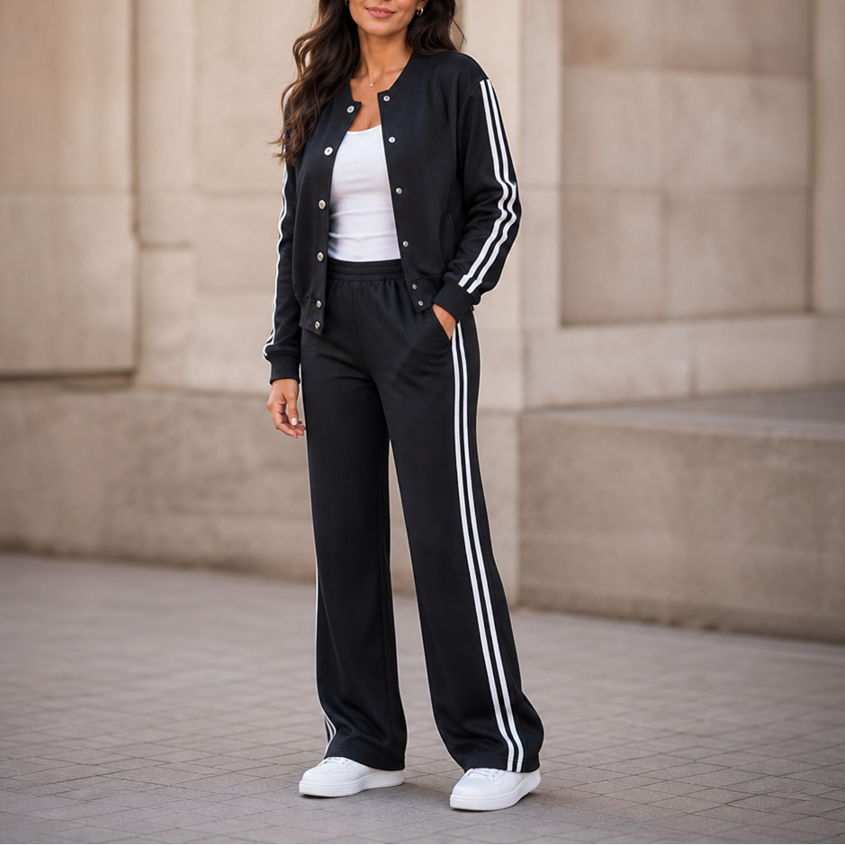 Damen Loungewear Zweiteiler Hohe Taille Kontraststreifen Weites Bein