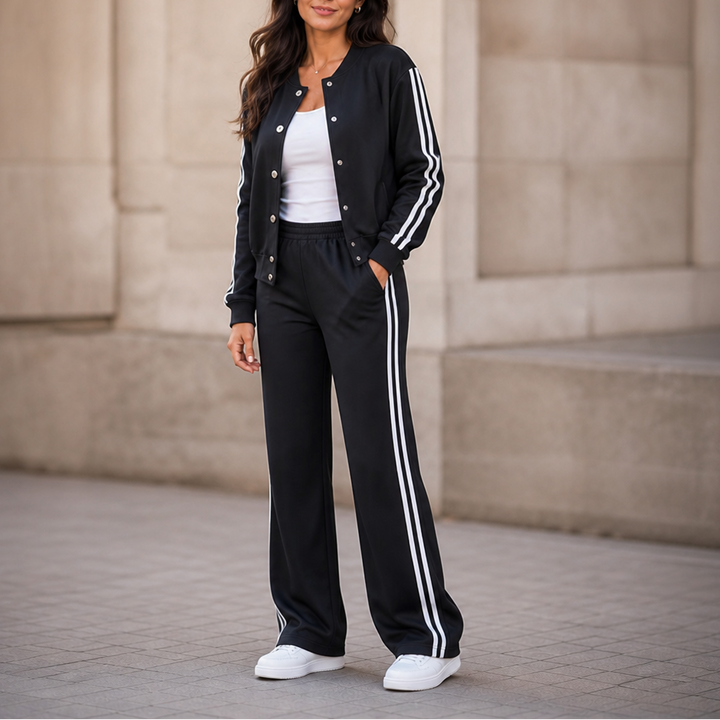 Damen Loungewear Zweiteiler Hohe Taille Kontraststreifen Weites Bein