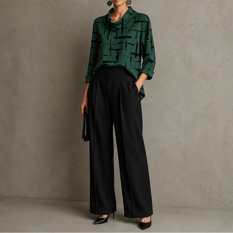 Cowlina | Damen 3/4-Arm Bluse mit Rollkragen und Kreuzmuster