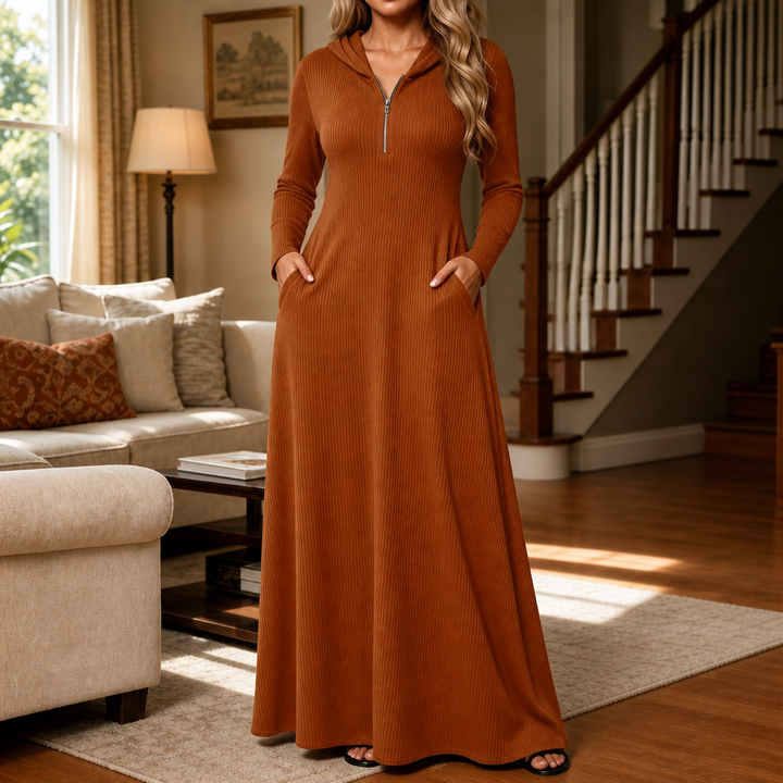 Damen Rippstrick Maxikleid Mit Kapuze