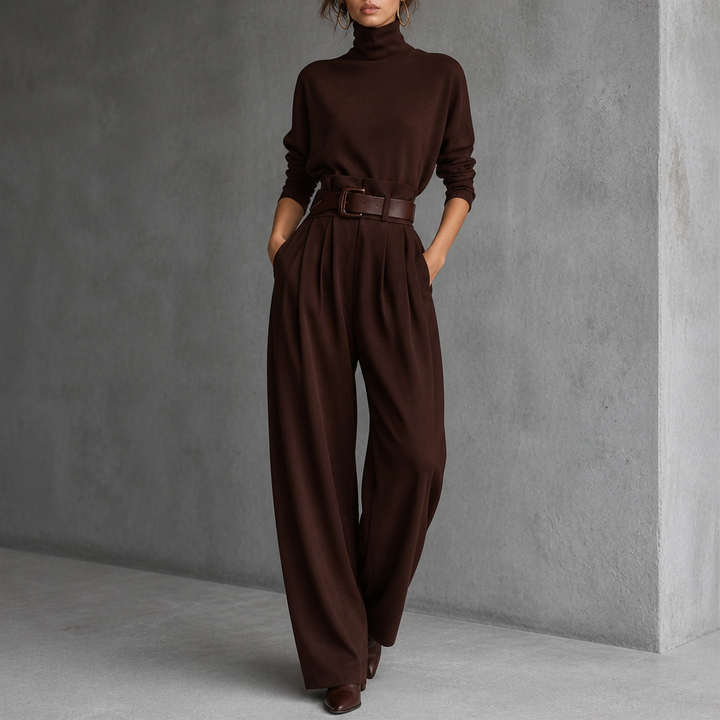 Damen Set Rollkragen Top Mit Hose Und Gürtel