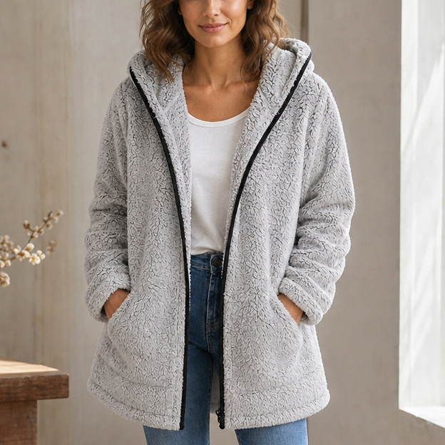 Damen Plüsch Strickjacke Mit Kapuze — Kuschelig Warm