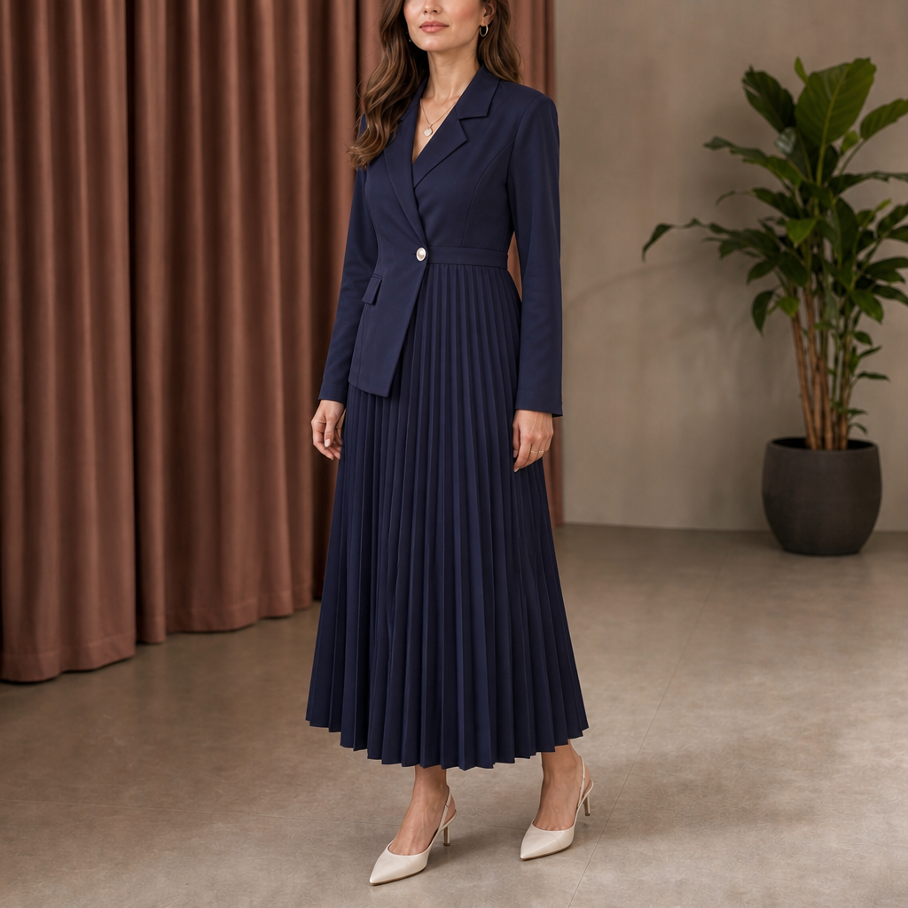 Damen Midikleid Mit Falten Und Knopfleiste