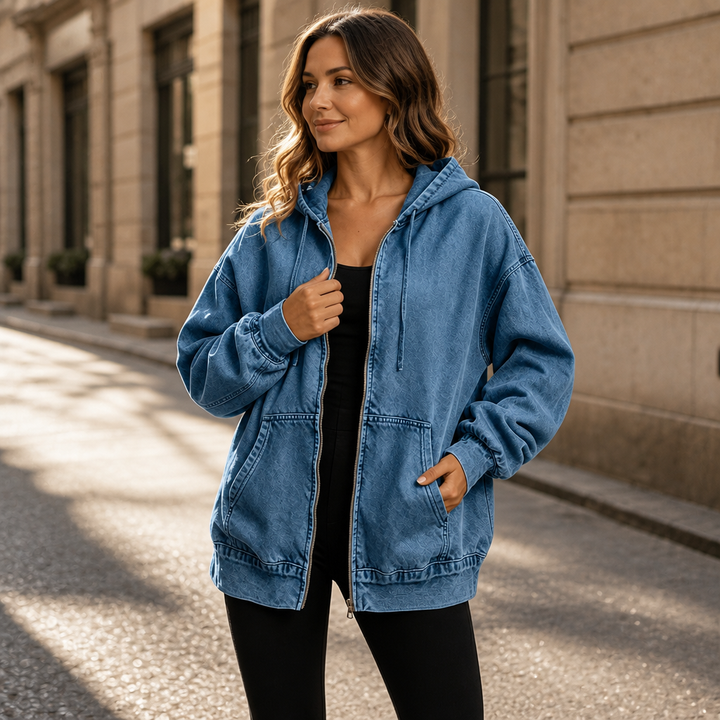Damen Jeansjacke mit Kapuze und Reißverschluss, Oversized