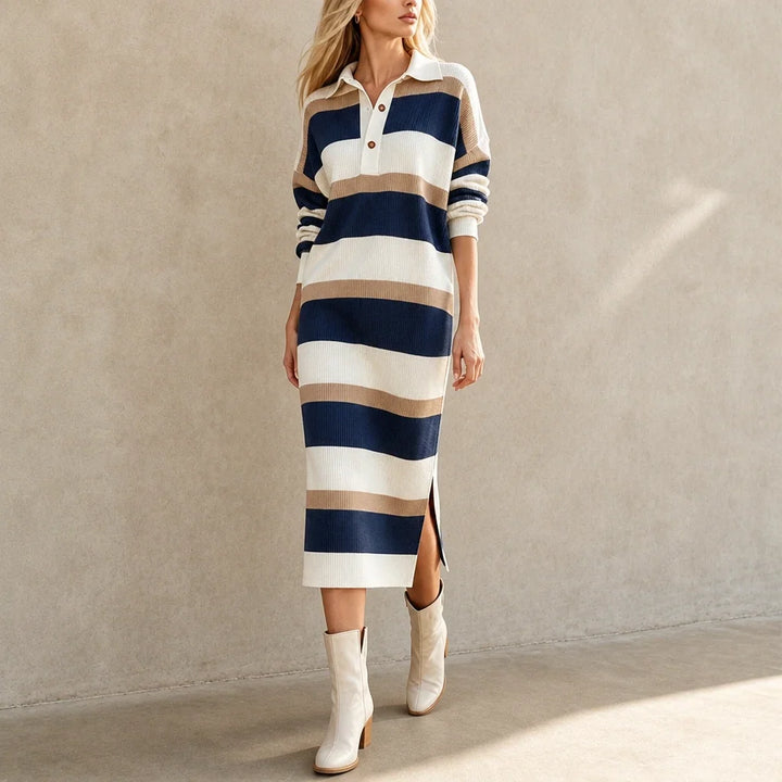 Strickkleid mit Polokragen und Streifen