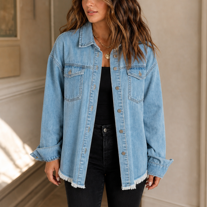 Damen Jeansjacke Mit Fransensaum Vintage Waschung