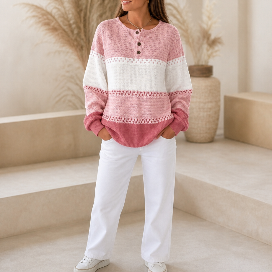 Damen Waffelstrick Henley Pullover Color Block