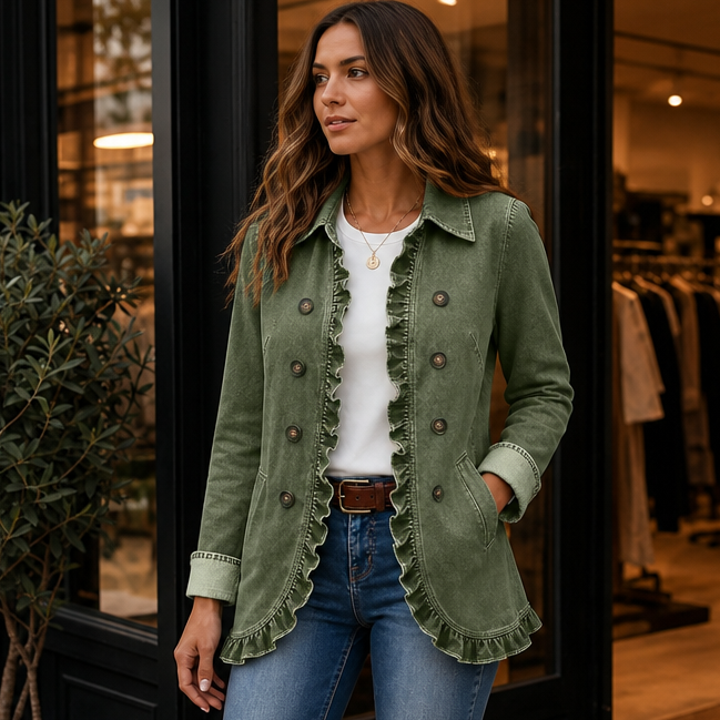 Damen Jeansjacke Mit Rüschen Und Knopfleiste