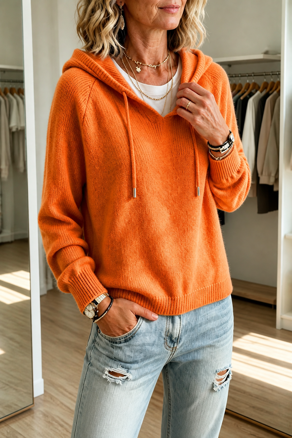 Damen Rippstrick Pullover Mit Kapuze Und Kordelzug
