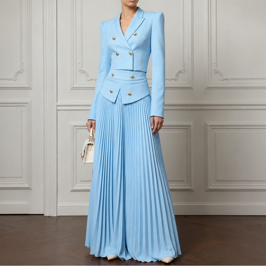 Damen Set Blazer Mit Schulterpolster Und Falten-Midirock