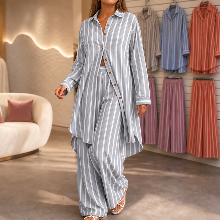 Damen Zweiteiler Gestreiftes Longline-Hemd Und Weite Hose
