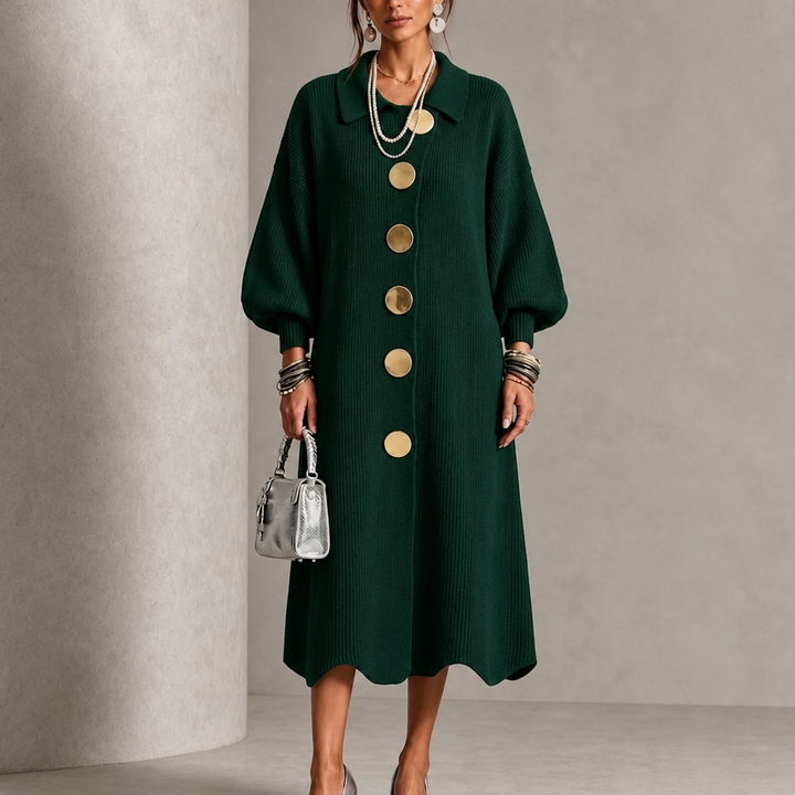 Damen Rippstrick Maxikleid Mit Laternenärmeln Und Goldenen Knöpfen