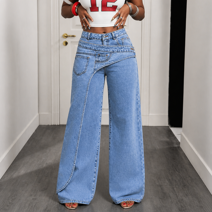 Damen Weite Jeans Mit Asymmetrischem Taillenbund