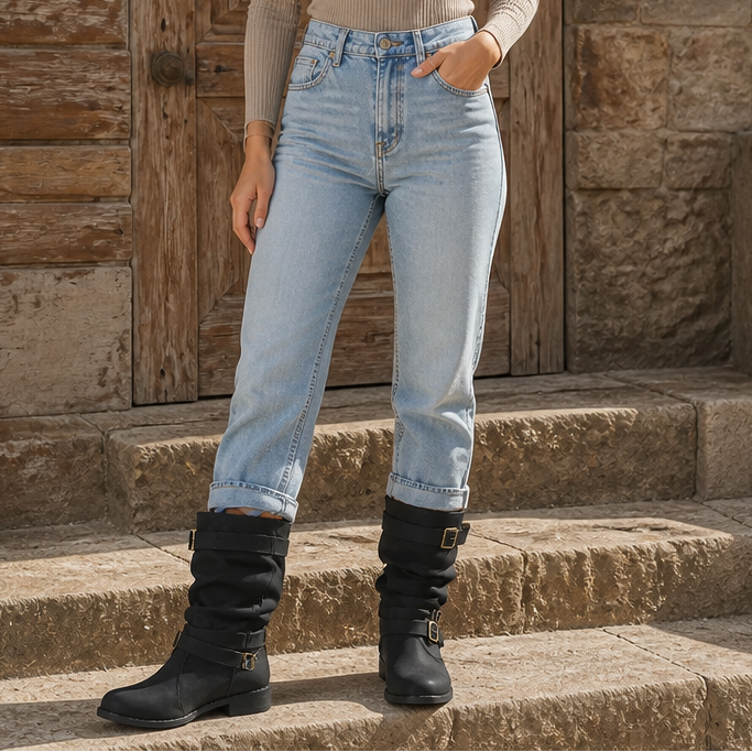 Damen Slouchy Stiefel Wadenhoch Mit Schnalle