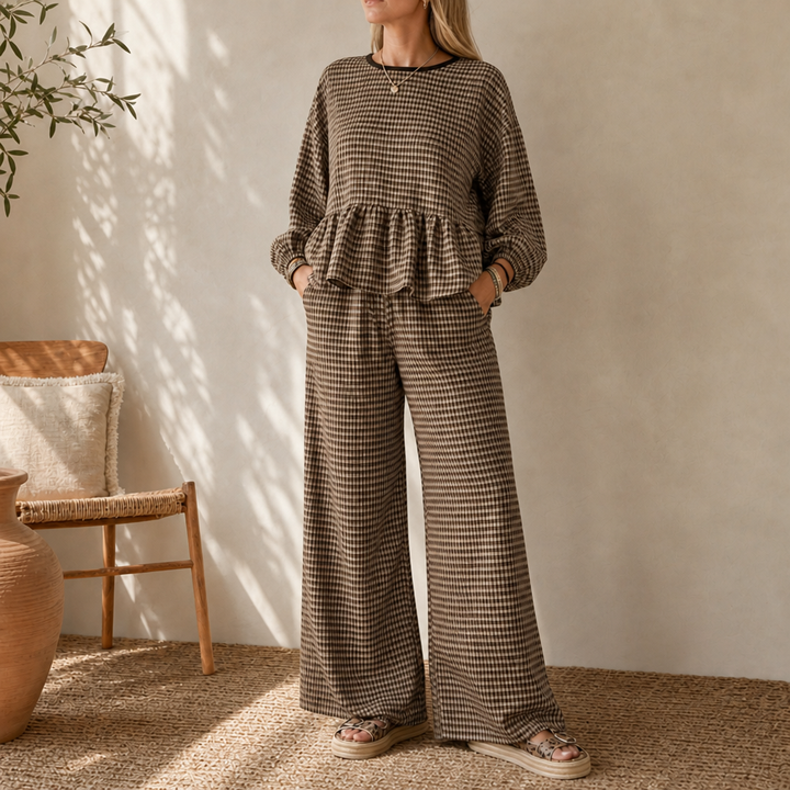 Elara | Gingham-Zweiteiler mit Peplum-Oberteil und weiter Hose