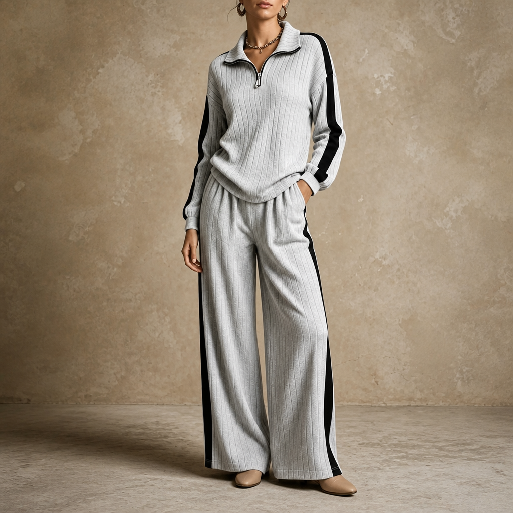 Damen Loungewear-Set geripptes Oberteil mit Halbreißverschluss und weiter Hose