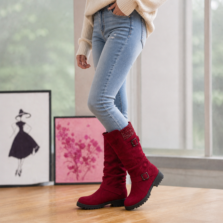 Damen Slouch Stiefel Mit Grober Sohle Und Gerippter Manschette