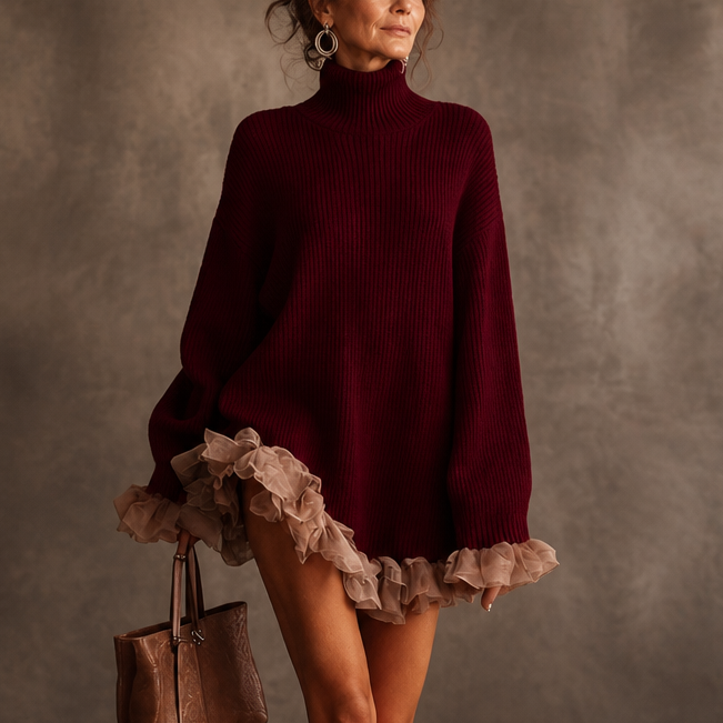 Damen Pulloverkleid Mit Rüschensaum Und Rollkragen