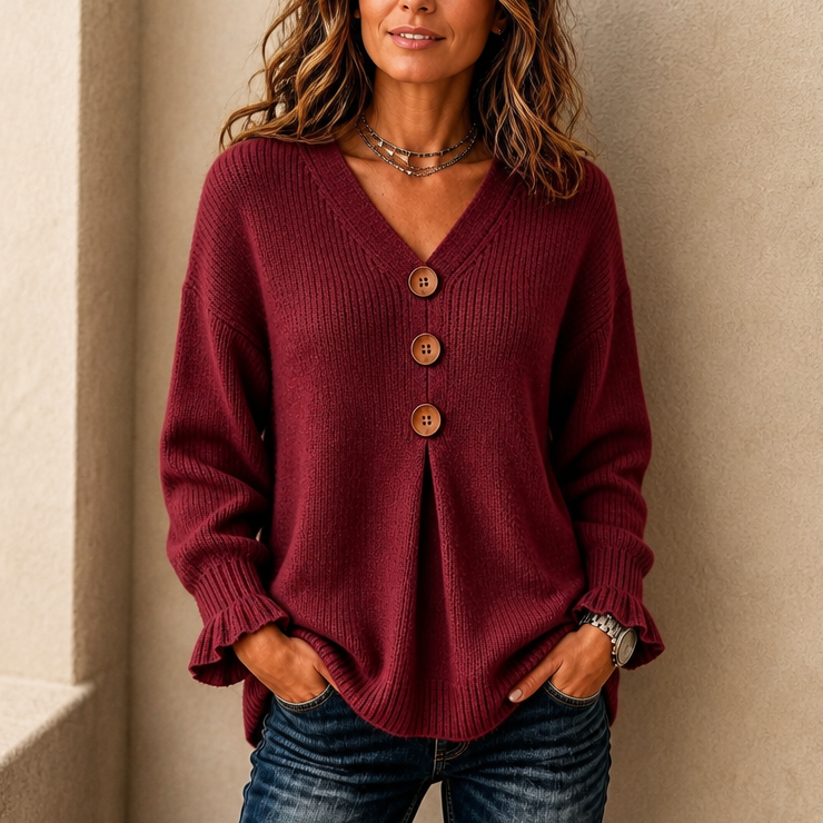 Vellora | Damen Strickpullover mit V-Ausschnitt und Knopfdetails
