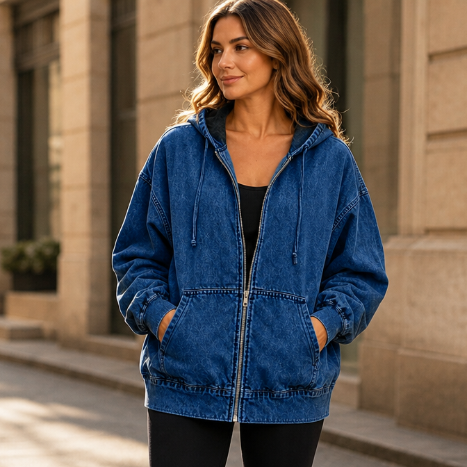 Damen Jeansjacke mit Kapuze und Reißverschluss, Oversized