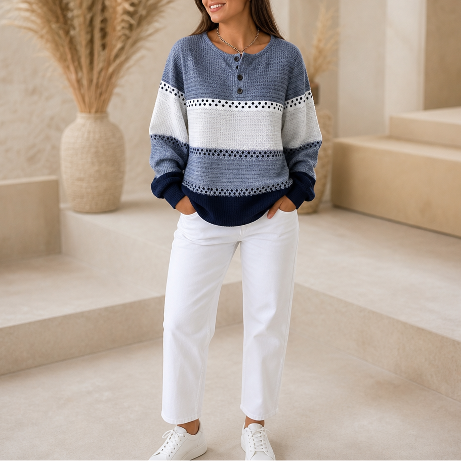 Damen Waffelstrick Henley Pullover Color Block
