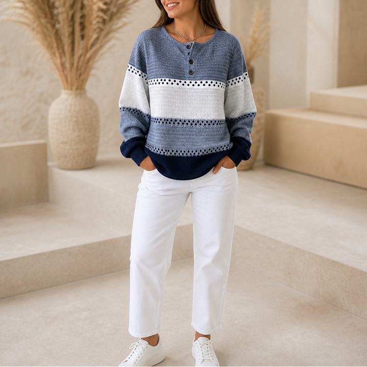 Damen Waffelstrick Henley Pullover Color Block