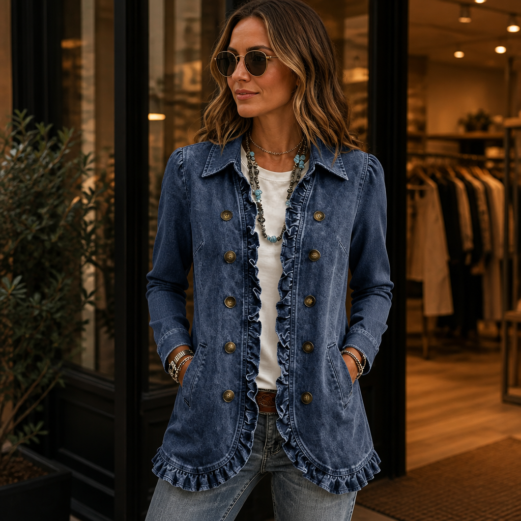Damen Jeansjacke Mit Rüschen Und Knopfleiste
