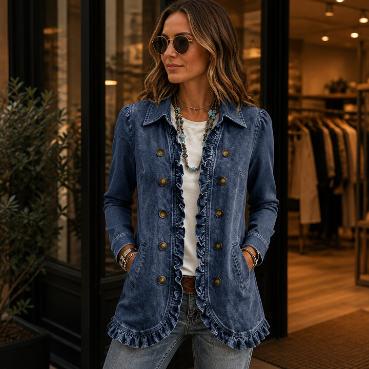 Damen Jeansjacke Mit Rüschen Und Knopfleiste