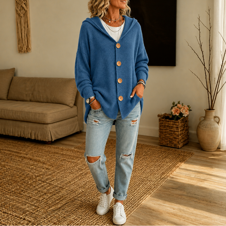Damen Waffelstrick Cardigan Mit Kapuze Und Knopfleiste