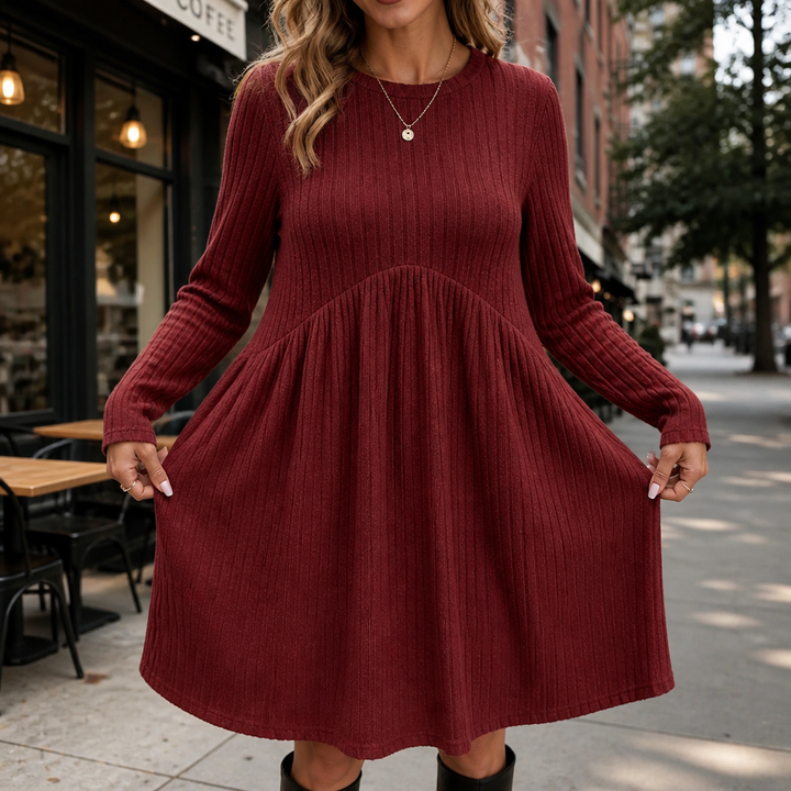 Damen Midikleid Rippstrick A-Linie Hohe Taille