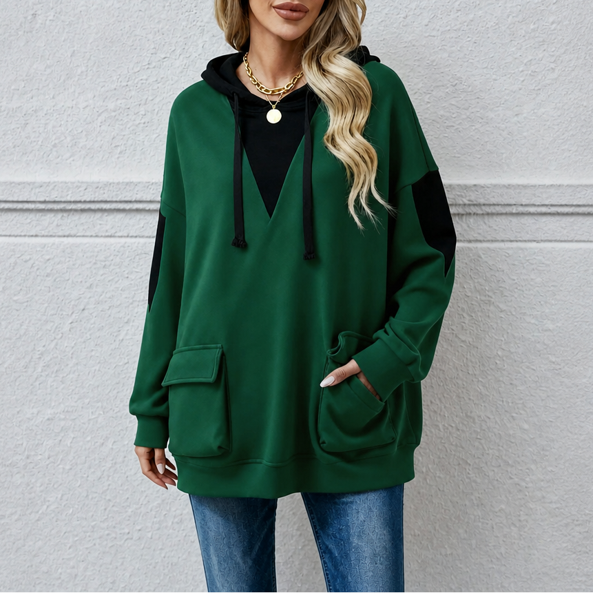 Vela | Oversized Hoodie mit V-Ausschnitt und Colorblock