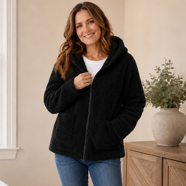 Damen Plüschfleece Jacke Mit Kapuze