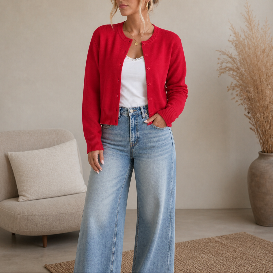 Damen Strickjacke Rundhals Einfarbig Klassisch
